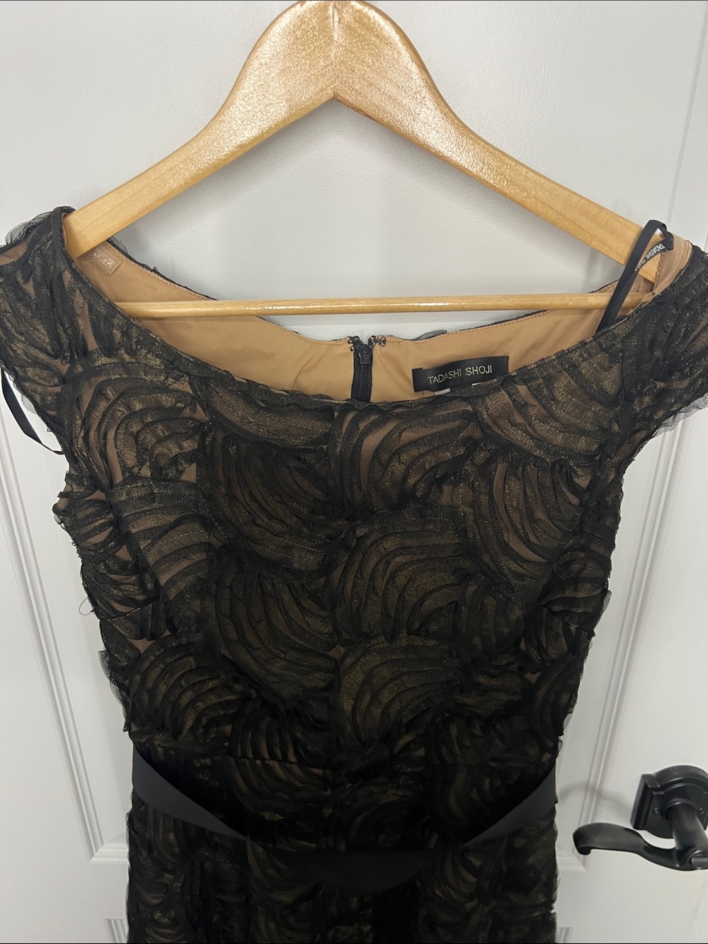 Tadashi Shoji Black Lace Shoulder Evening Dress with Nude Lining